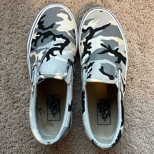 Grey Black and White Camo Slip on Vans